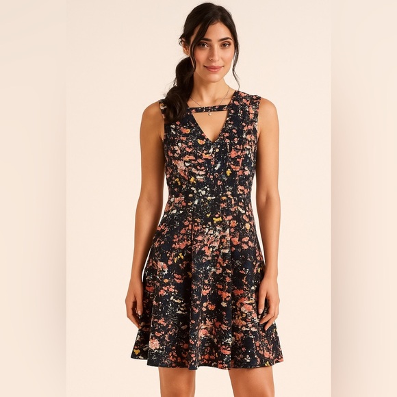 Belle Sky Fit & Flare Vneck Dress Womens Size Large L Flattering Floral Coquette - Picture 1 of 4